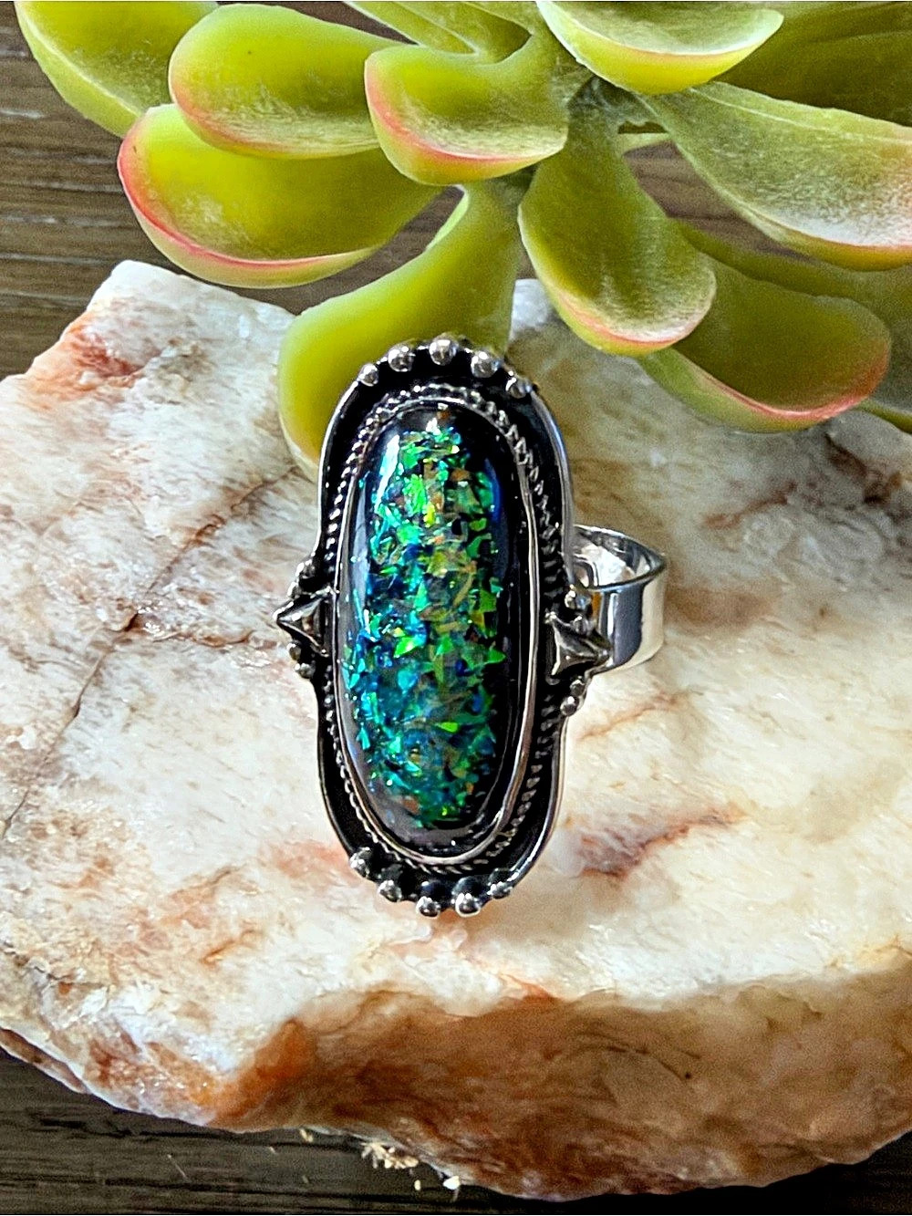 New Opal-Style Statement Ring in Black & Green 7.5